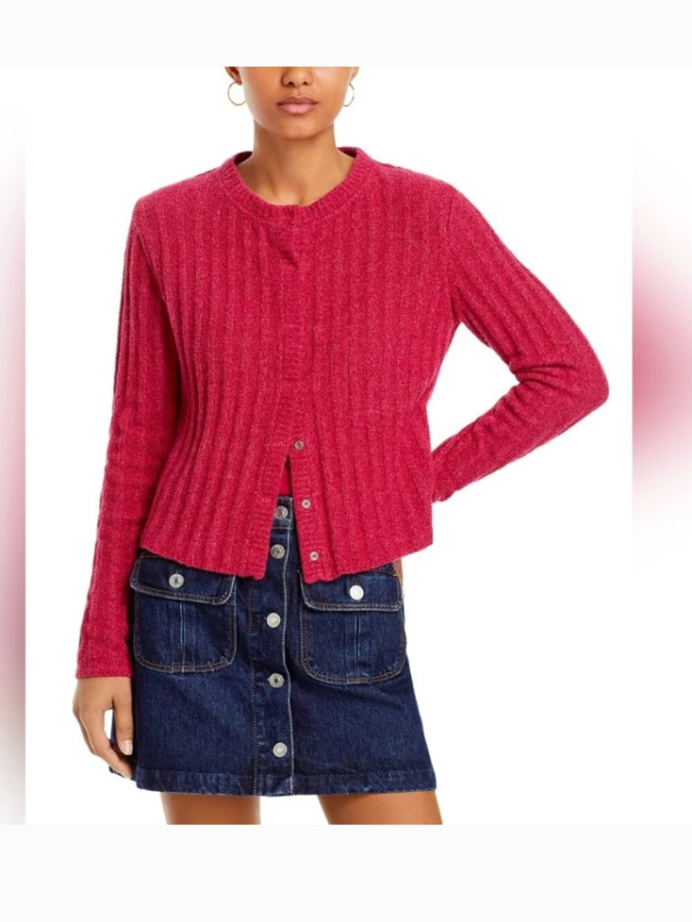 REDONE Terry Ribbed Cardigan Dragon Fruit Small